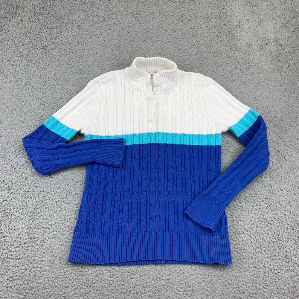 Liz & Co Sweater Womens L White Blue Colorblock Knitted Mock‎ Neck Long Sleeve